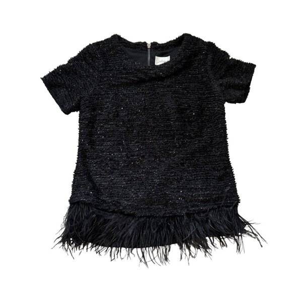 Anthropoloogie Deletta Black Textured Short Sleeve Top Feather Hem - Picture 1 of 8